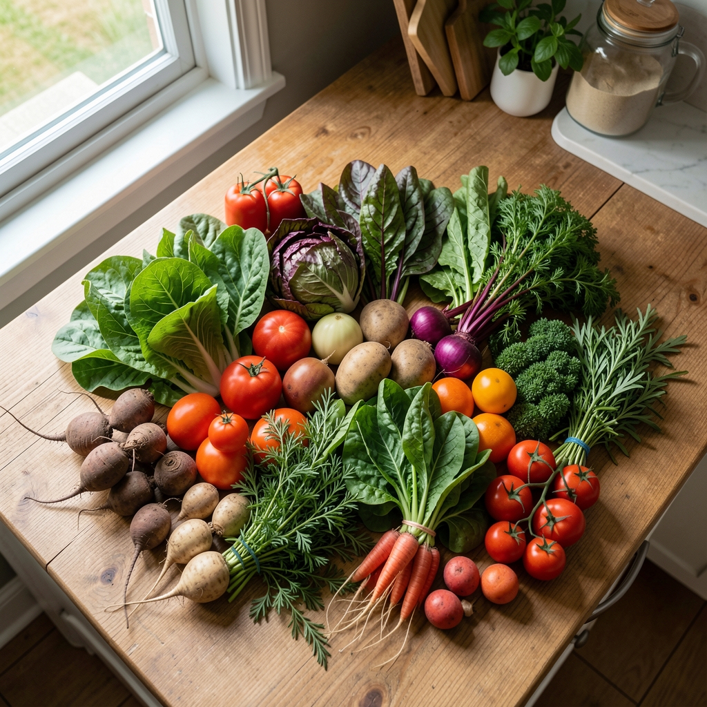 Overhead view of a colourful seasonal vegetable spread on a wooden kitchen table including root vegetables, leafy greens, and herbs, with natural daylight from a nearby window
