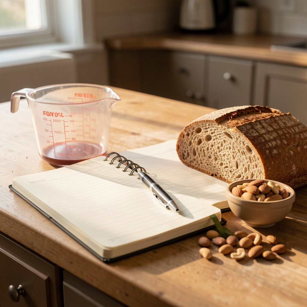 Close-up of a food journal notebook open on a kitchen counter alongside a measuring cup, whole grain bread, and a small bowl of mixed nuts in warm morning light